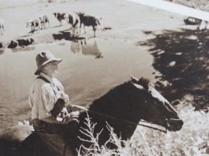 An interpretive sign photo of Josie at her ranch. 